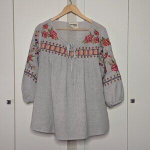 Savannah Jane Gray Striped Embroidered Boho Peasant Top XL